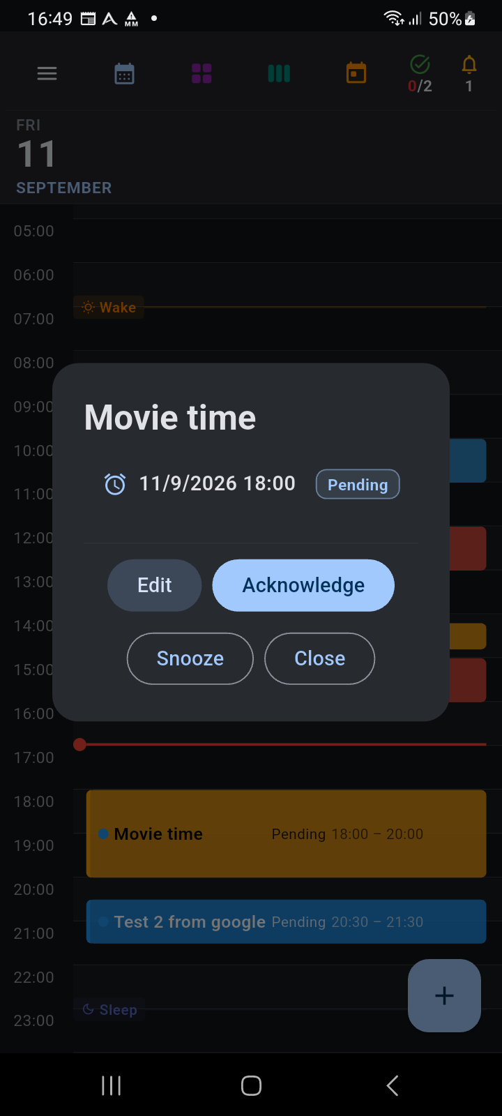 Event reminder action dialog opened directly from the widget