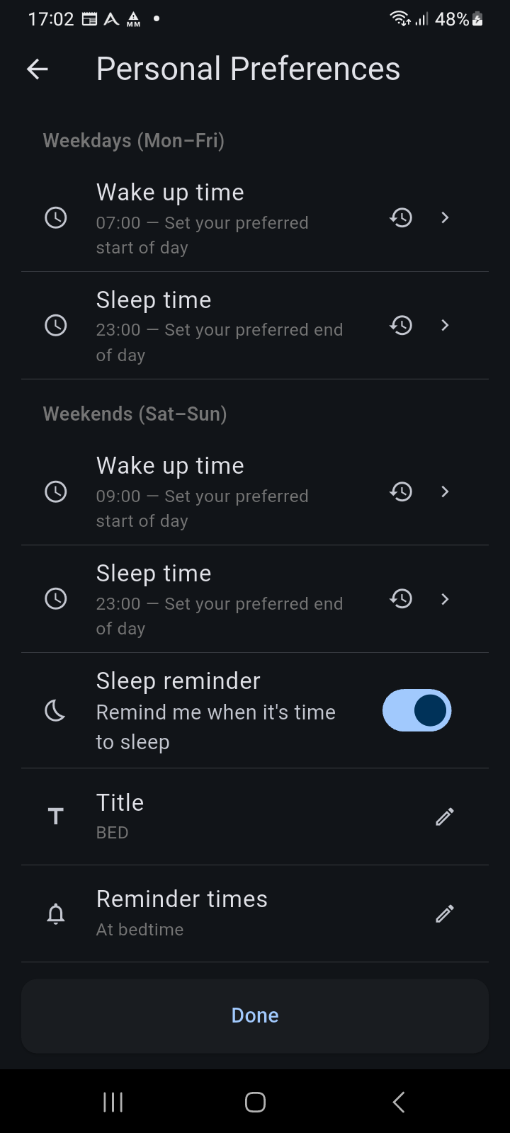 Personal Preferences — Circadian wake, sleep, and reminder schedules