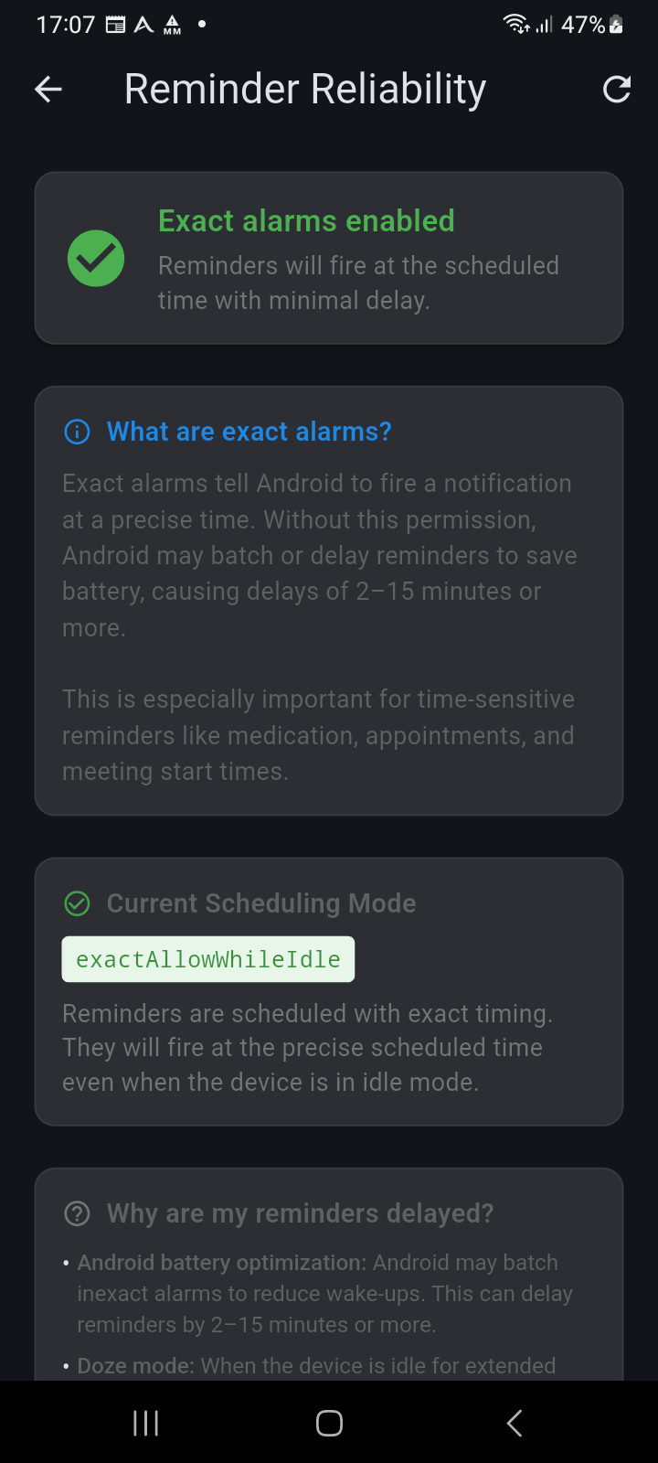 Reminder Reliability — Exact alarms and battery optimization status