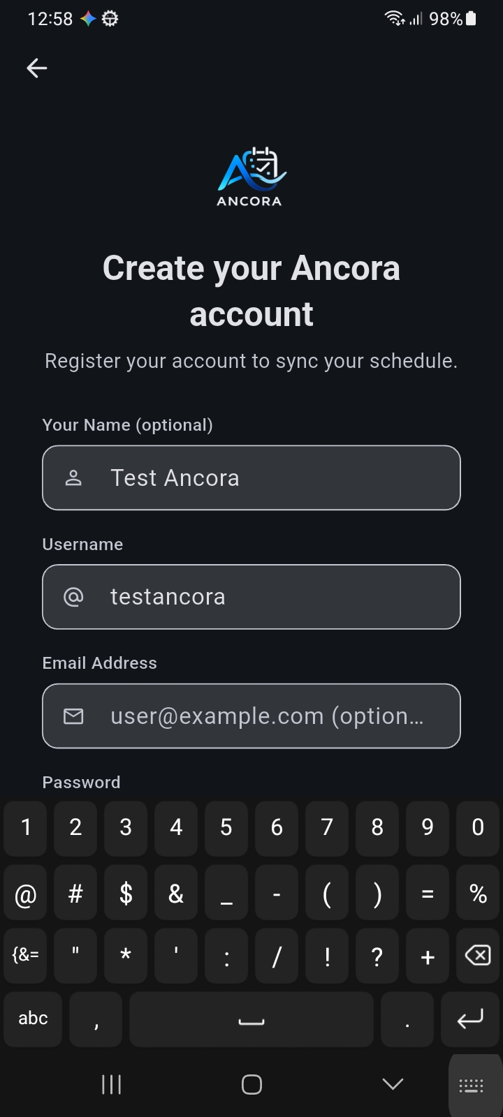 Registration Screen — Creating an Ancora Account