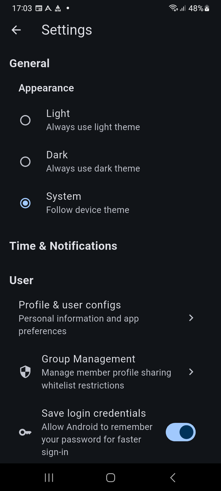 Settings screen showing the Save login credentials option