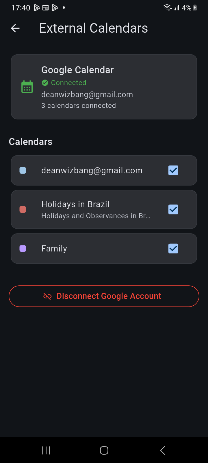 External Calendars manager with Google connection status, detected calendars list, and Disconnect action