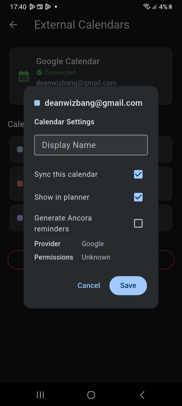 Calendar Settings dialog showing sync, planner visibility, and reminder generation options