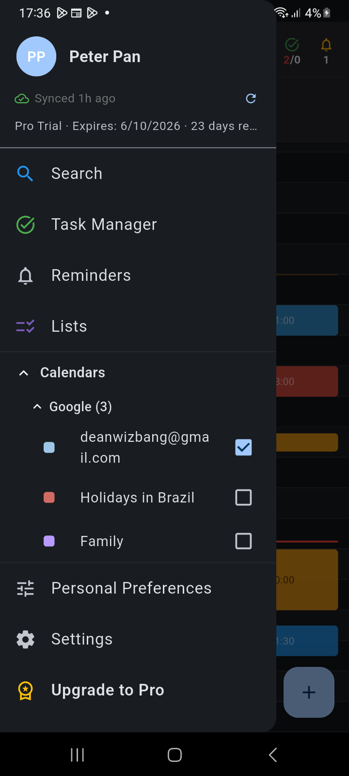 Navigation drawer showing the expanded Google provider section with color indicators and visibility toggles