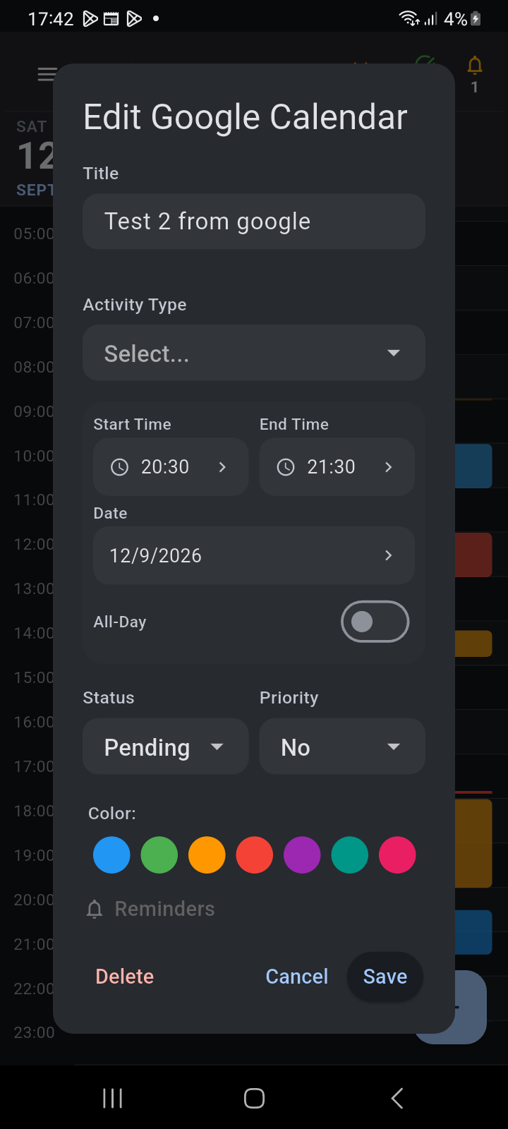 Edit Google Calendar modal showing Google-synced fields and Ancora-specific category/reminder settings