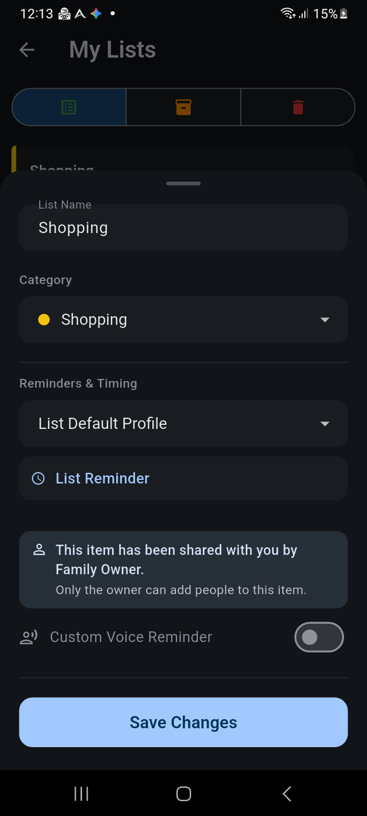 Ancora Configure List screen showing informational sharing notice for invited collaborators