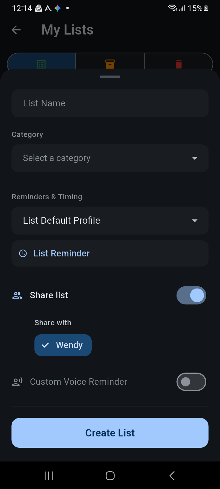 Ancora List Creation and Configuration Sheet showing Share list switch enabled and family member chip selected