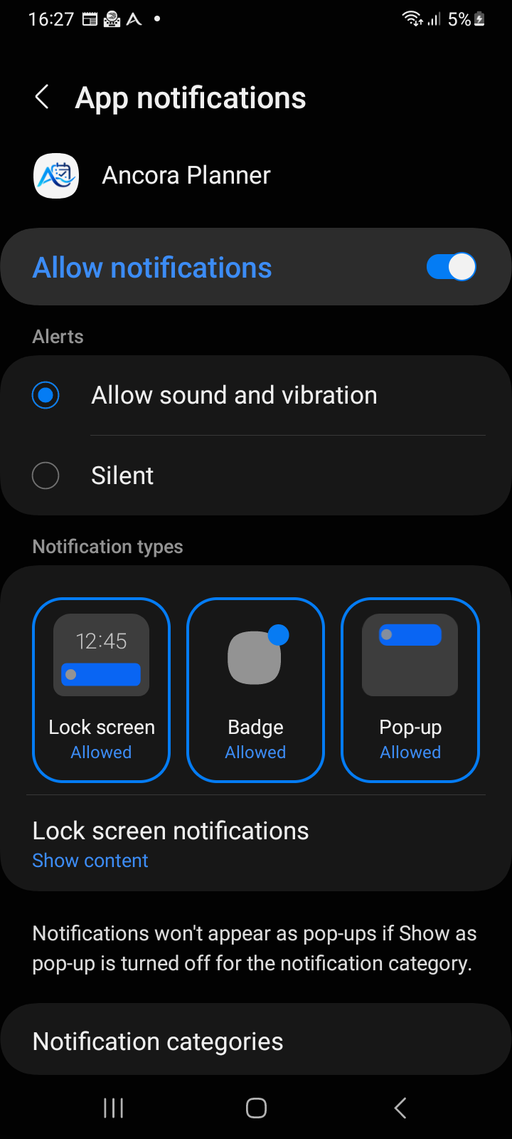 Ancora App notifications screen in Android Settings showing master toggle, alert styles, and notification types