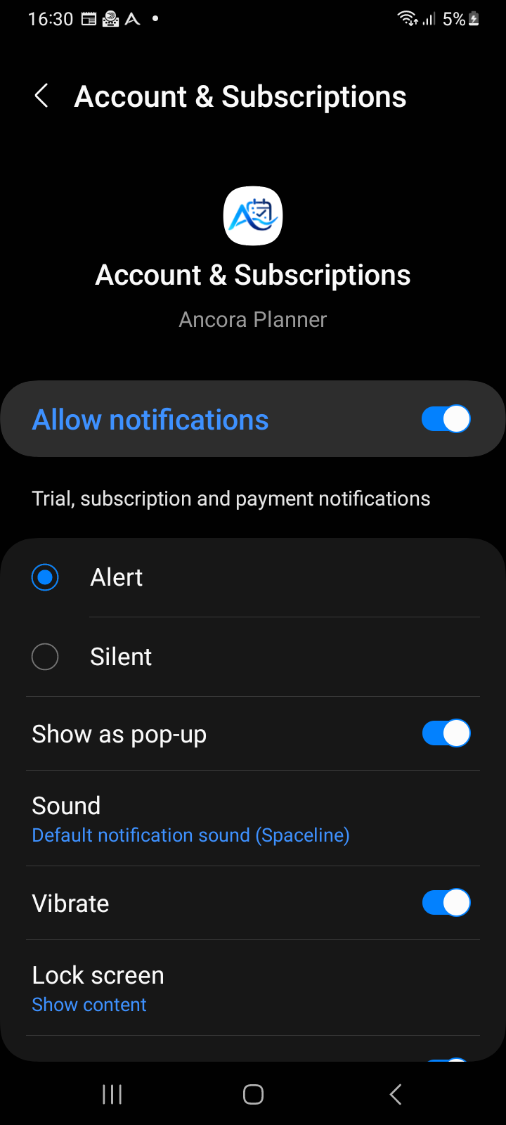 Granular Android notification channel settings showing alert mode, pop-up banner, custom sound, and vibration switches