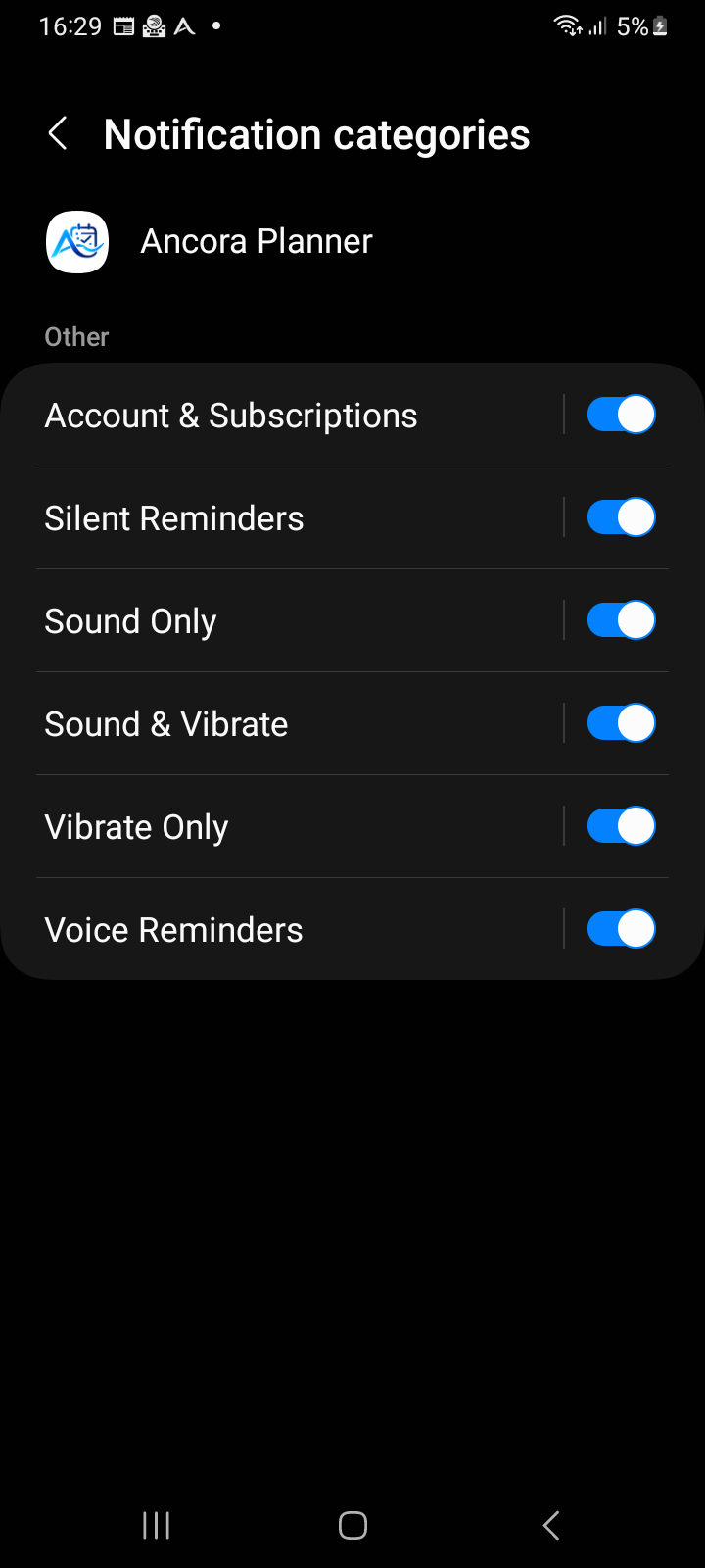Android Notification categories for Ancora Planner displaying all 6 dedicated system channels