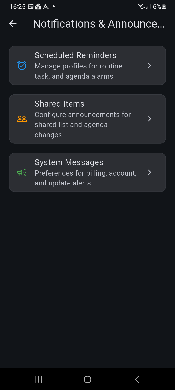 Hub impostazioni Notifiche e Annunci che organizza Promemoria Programmati, Elementi Condivisi e Messaggi di Sistema