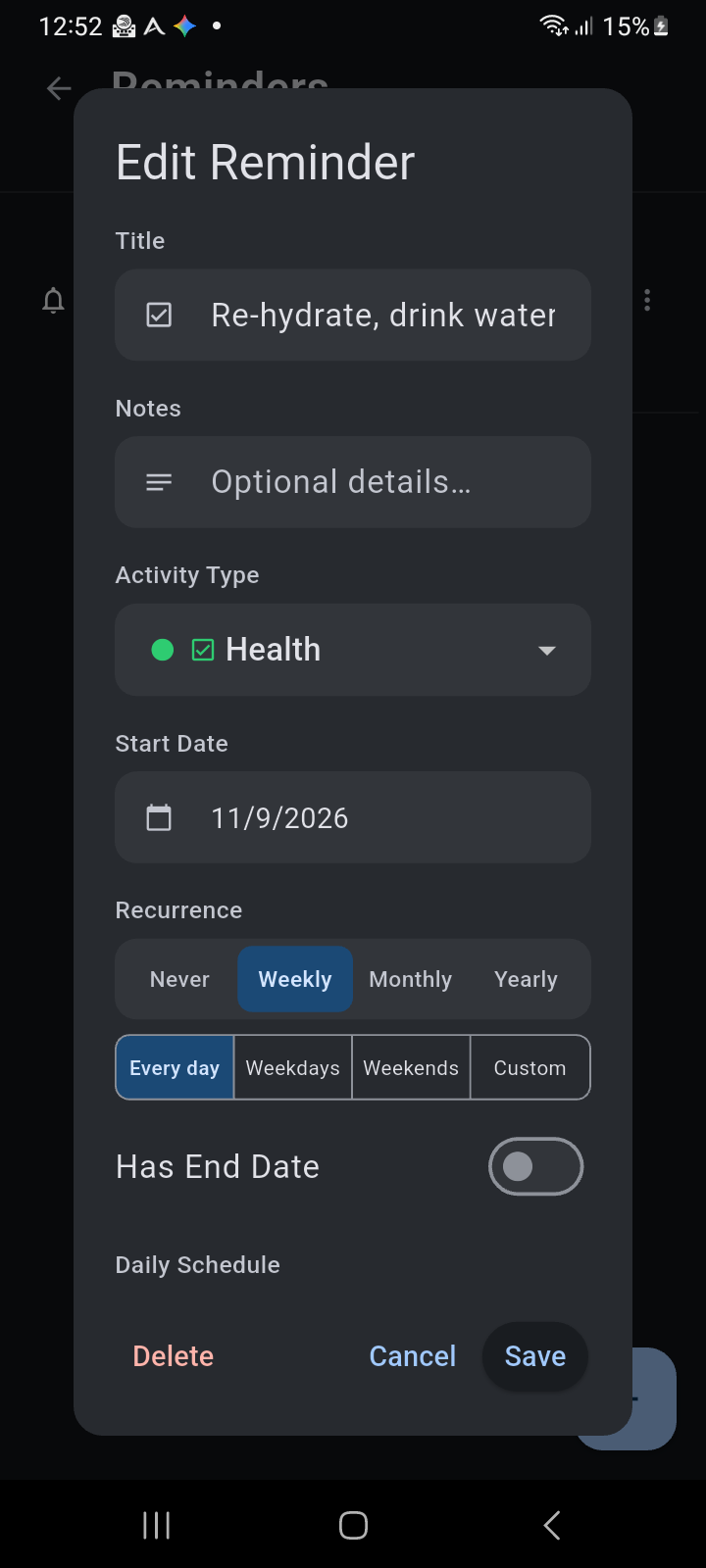 Ancora Edit Reminder dialog with title, activity type, recurrence rules, and schedule