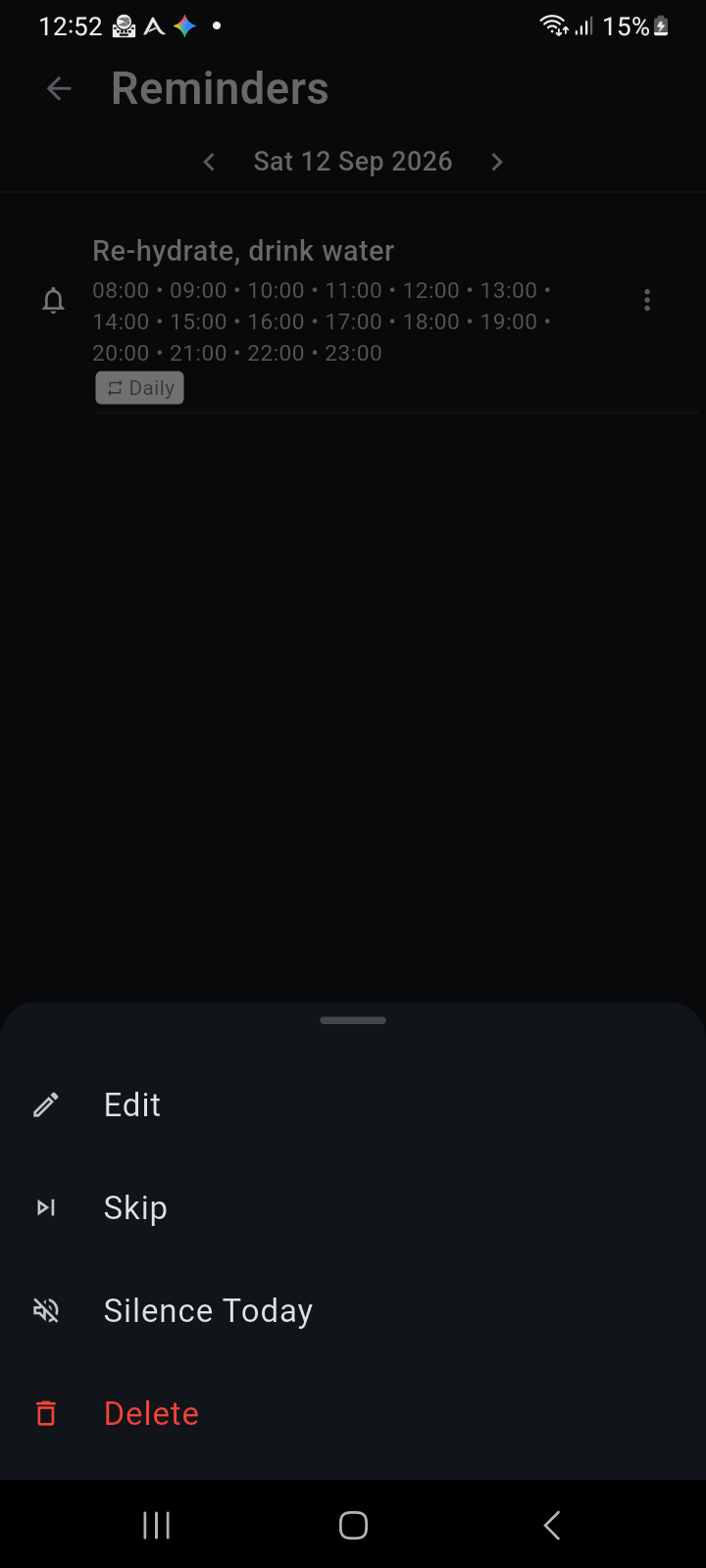 Ancora Reminder bottom sheet action menu showing Edit, Skip, Silence Today, and Delete options