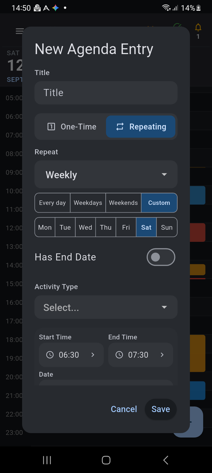 Ancora New Agenda Entry dialog with Repeating selected, recurrence frequency, and weekday chips