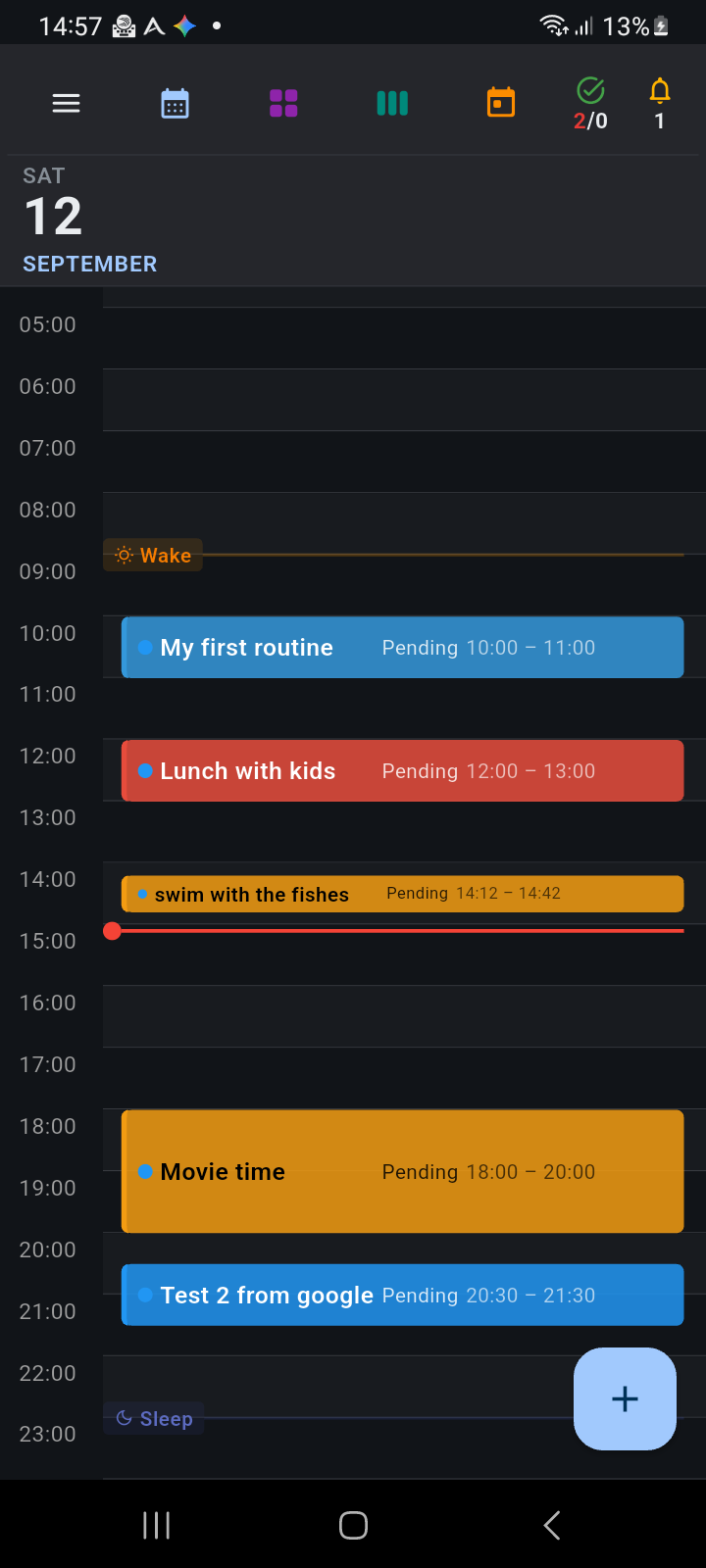 Ancora Day View calendar showing scheduled routine blocks integrated seamlessly alongside standalone agenda entries