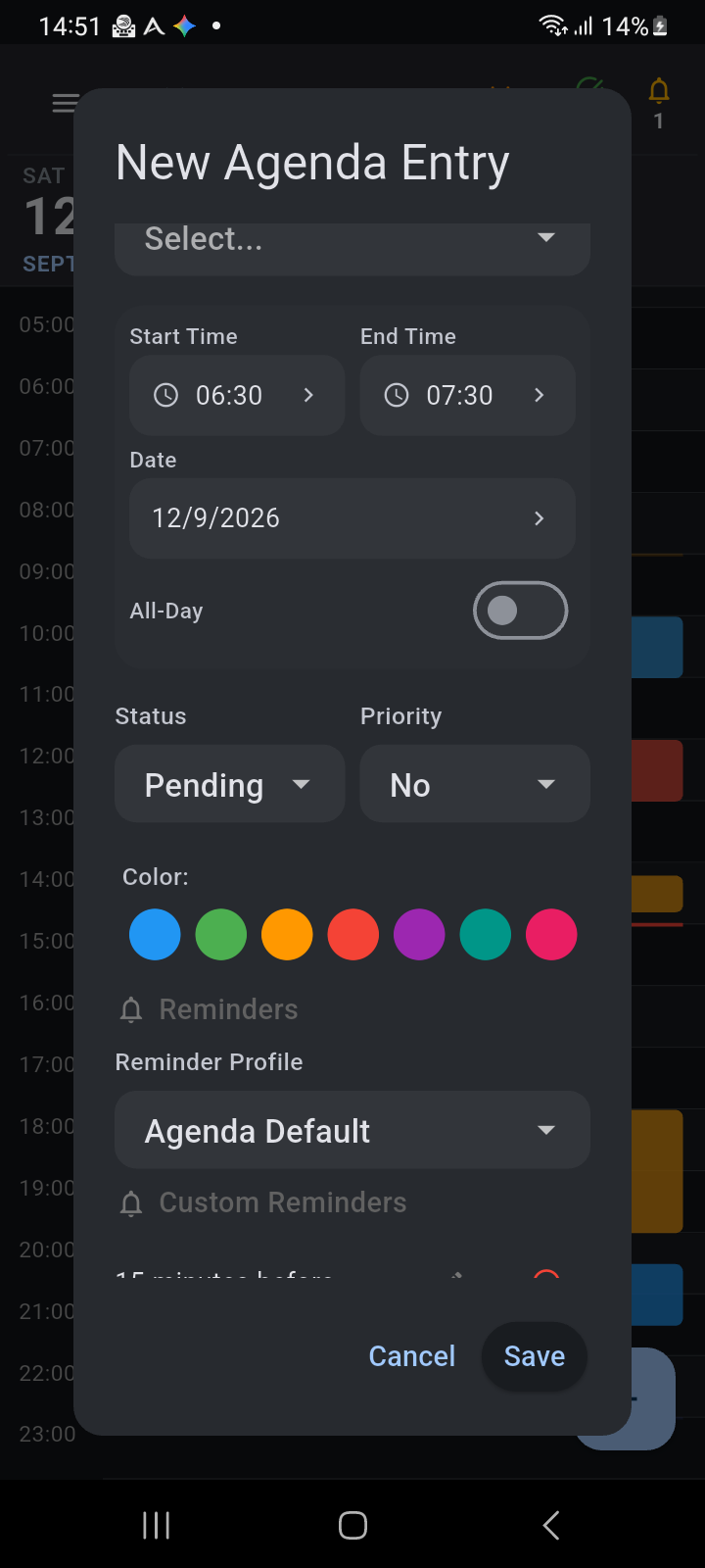 Ancora Routine block details showing Activity Type selection, Start and End times, color badge, and Reminder Profile assignment