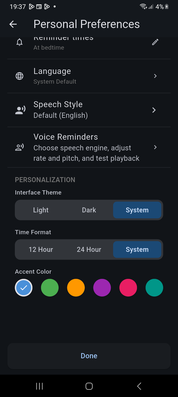 Personalization section displaying Interface Theme segmented control, Time Format selector, and Accent Color palette circles