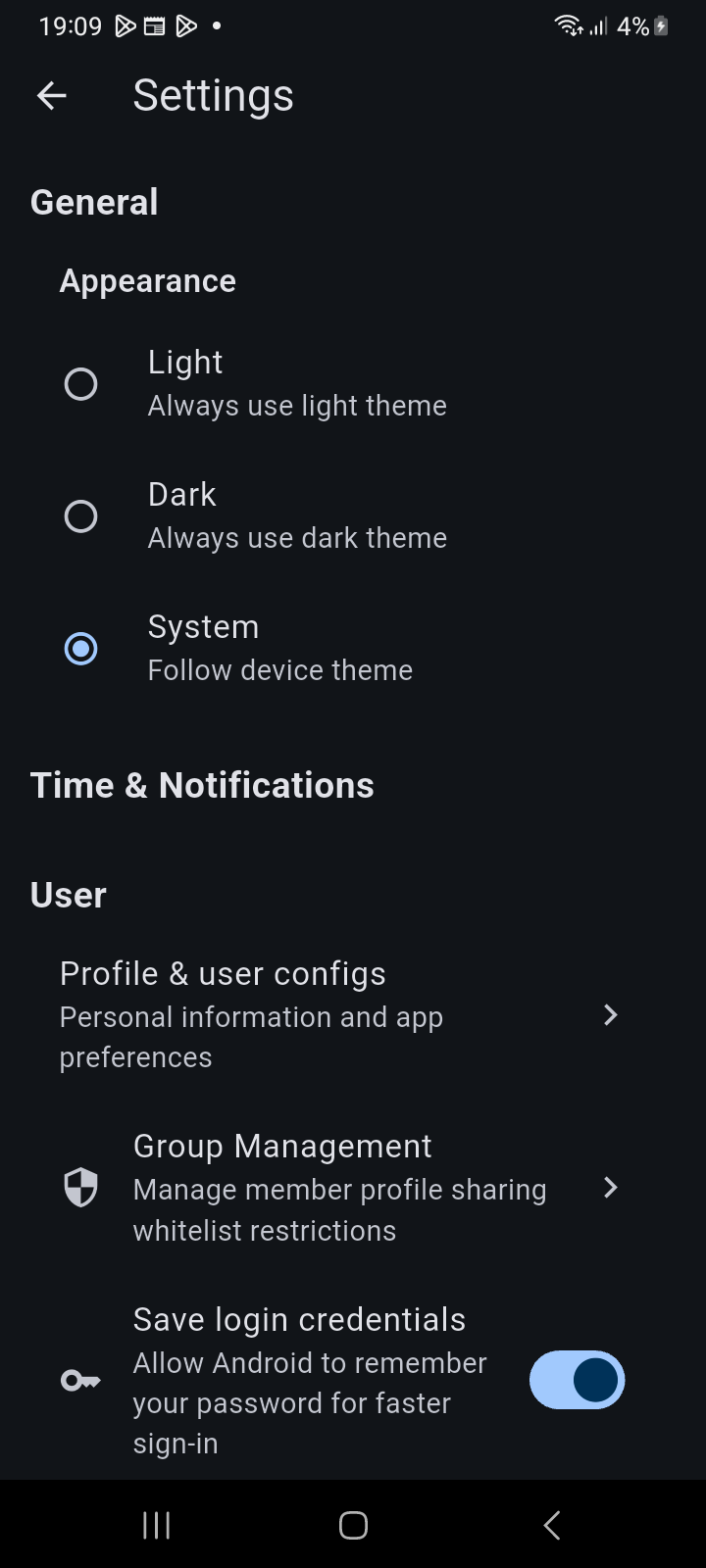 Main Settings screen displaying theme mode radio selectors and user management tiles