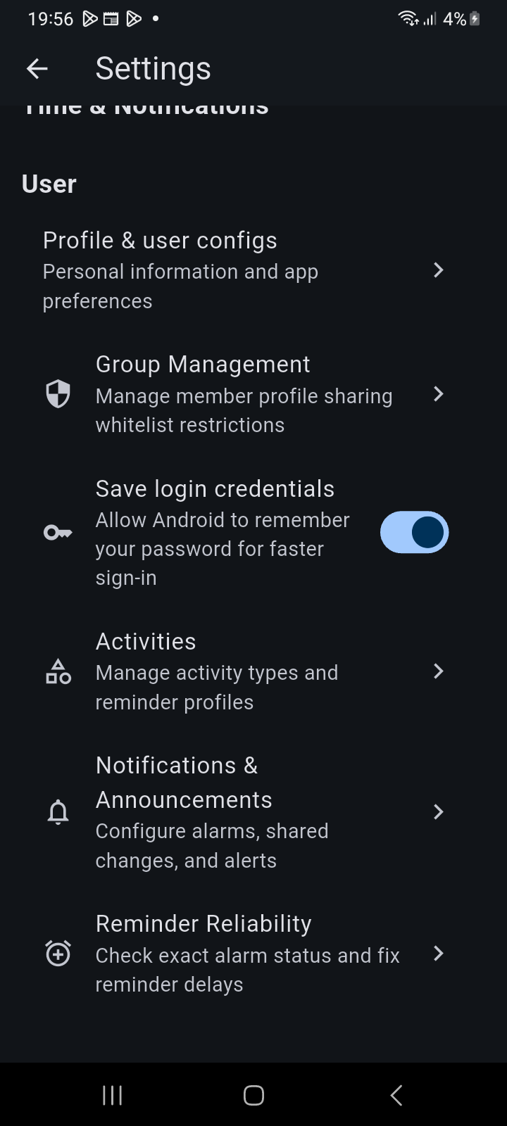 Settings screen displaying Save login credentials switch, Activities, Notifications, and Reminder Reliability tiles