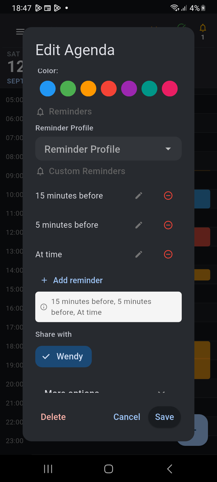 Edit Agenda dialog showing the Share with section with Wendy chip selected