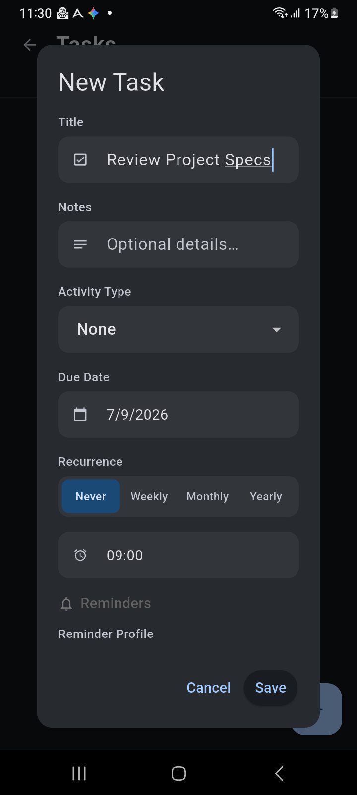 Ancora New Task Creation Dialog