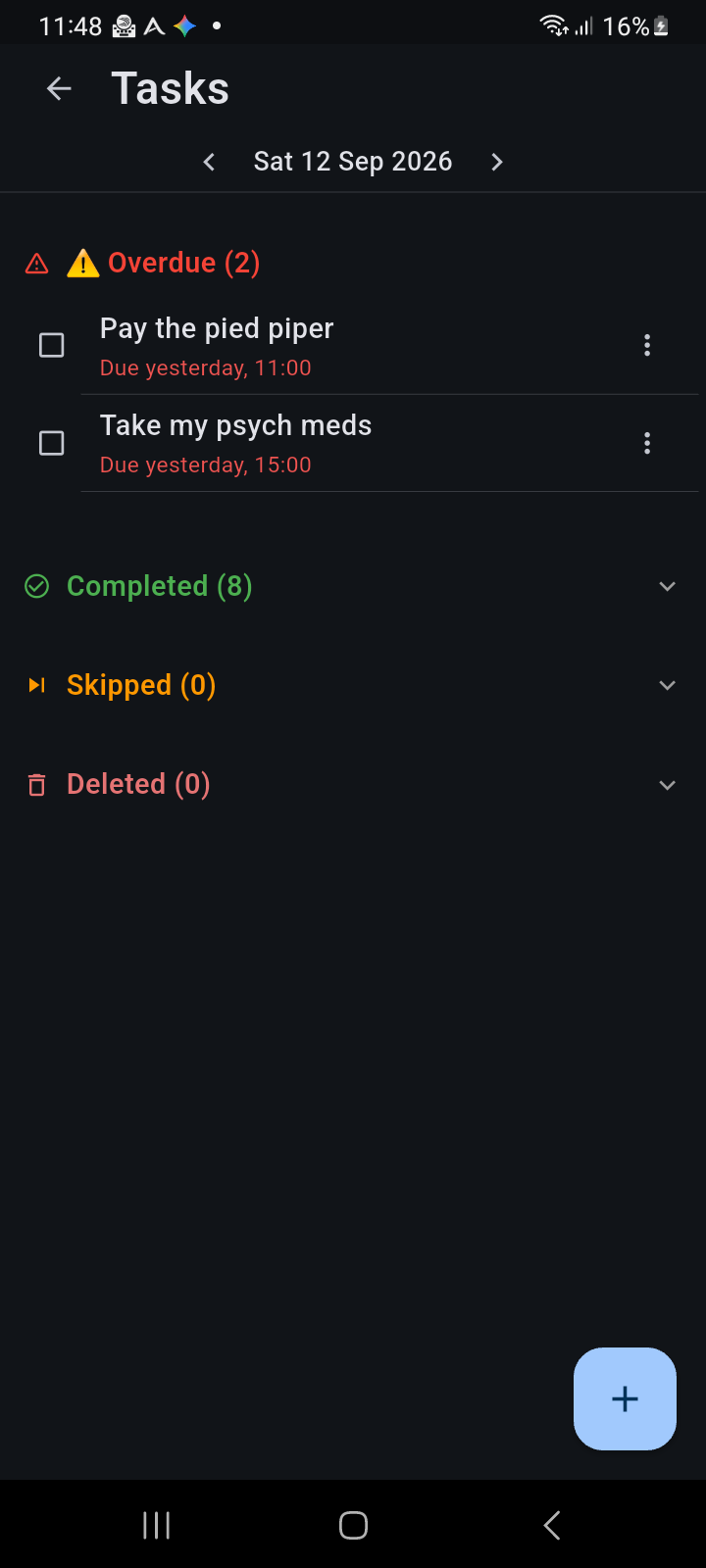 Ancora Task Manager Screen showing overdue tasks and day selector