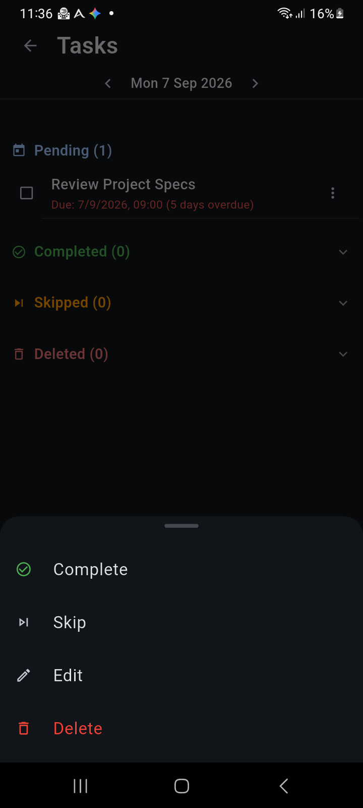 Ancora Task Action Options Sheet showing Complete, Skip, Edit, and Delete actions