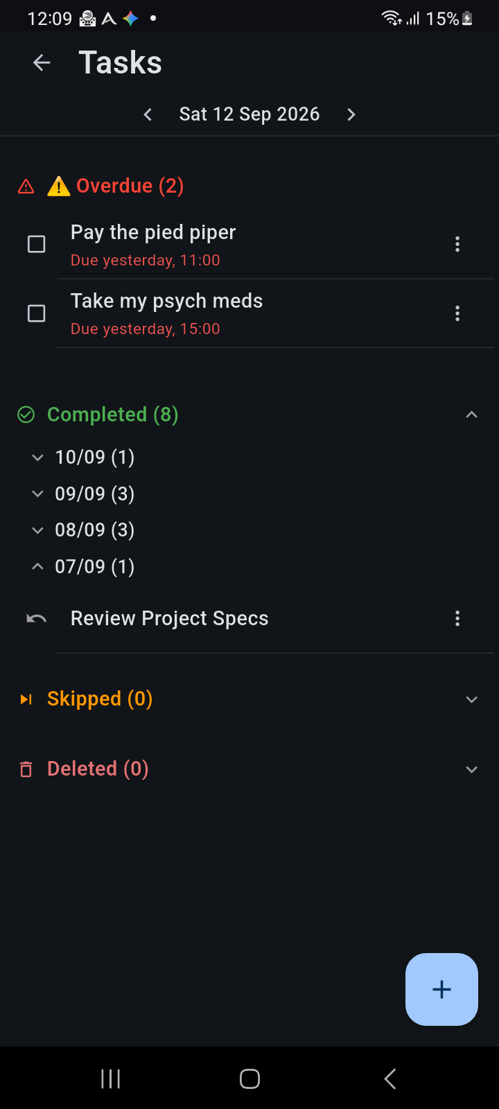 Ancora Task Manager showing Overdue section and Completed accordion with nested date groupings and undo action