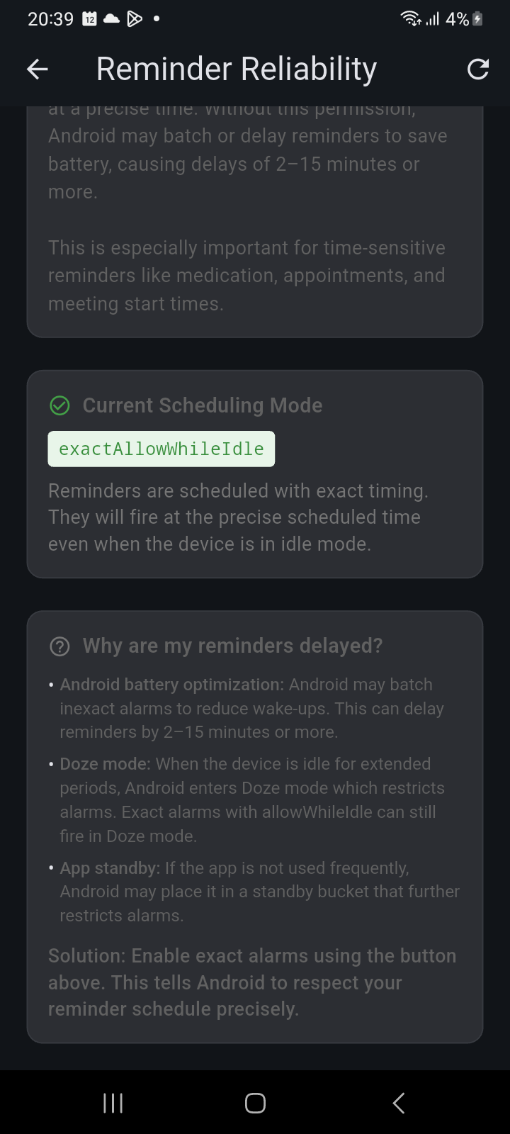 Reminder Reliability diagnostic card explaining battery optimization, Doze mode, and App standby buckets