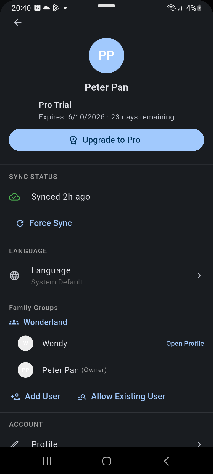 Account Panel displaying real-time cloud synchronization status, last synced timestamp, and manual Force Sync control