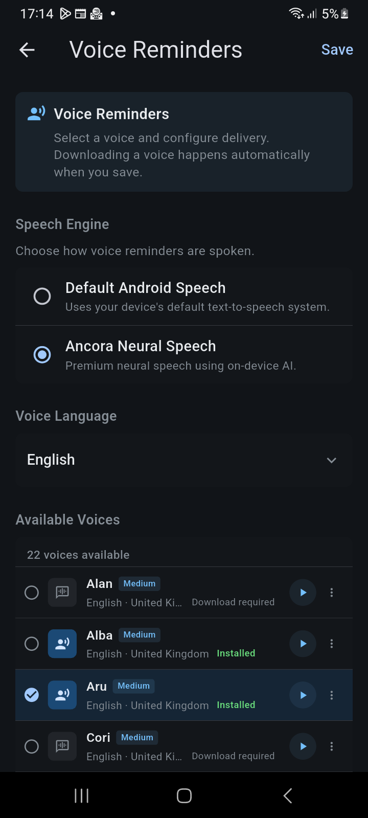 Voice Reminders configuration screen with engine selection and available neural voices catalog
