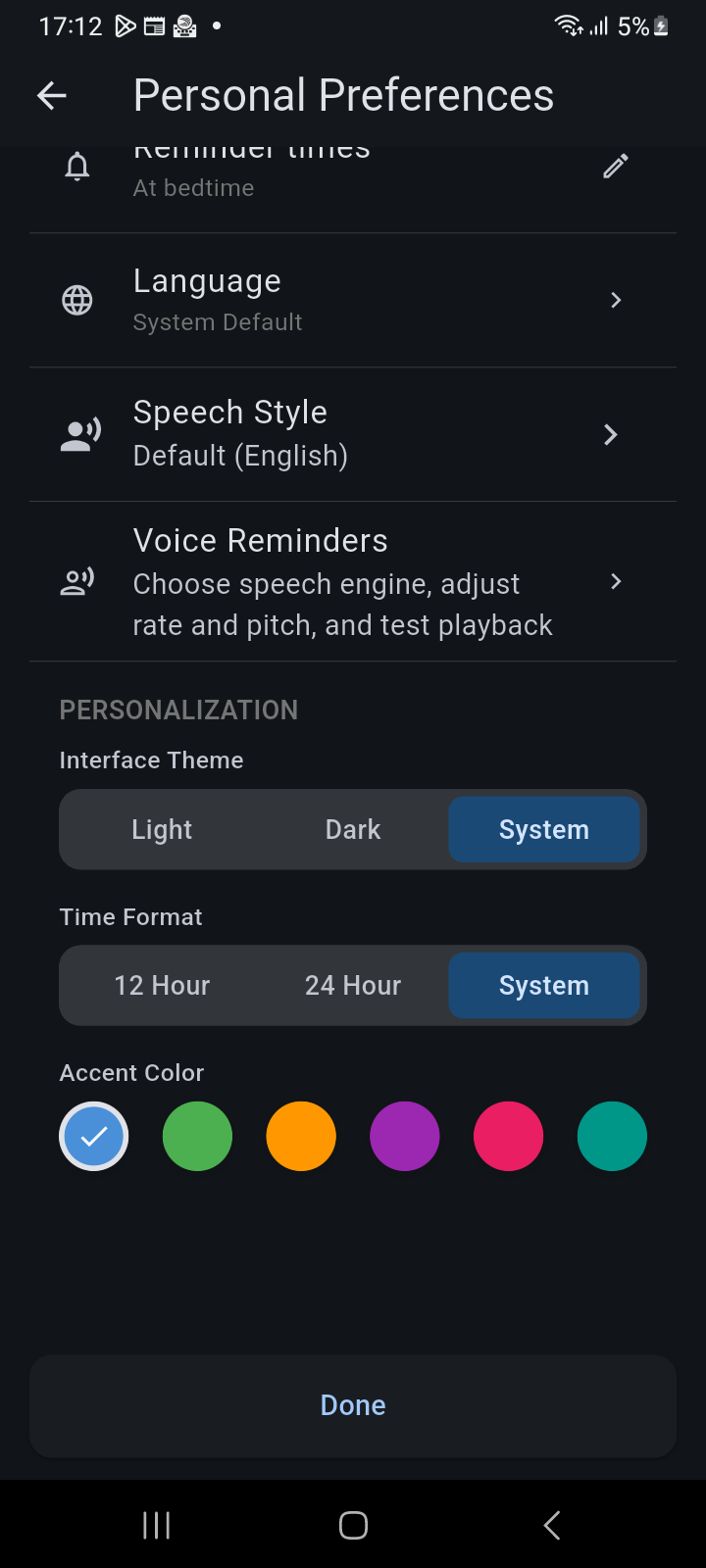 Personal Preferences screen highlighting Speech Style and Voice Reminders configuration entries
