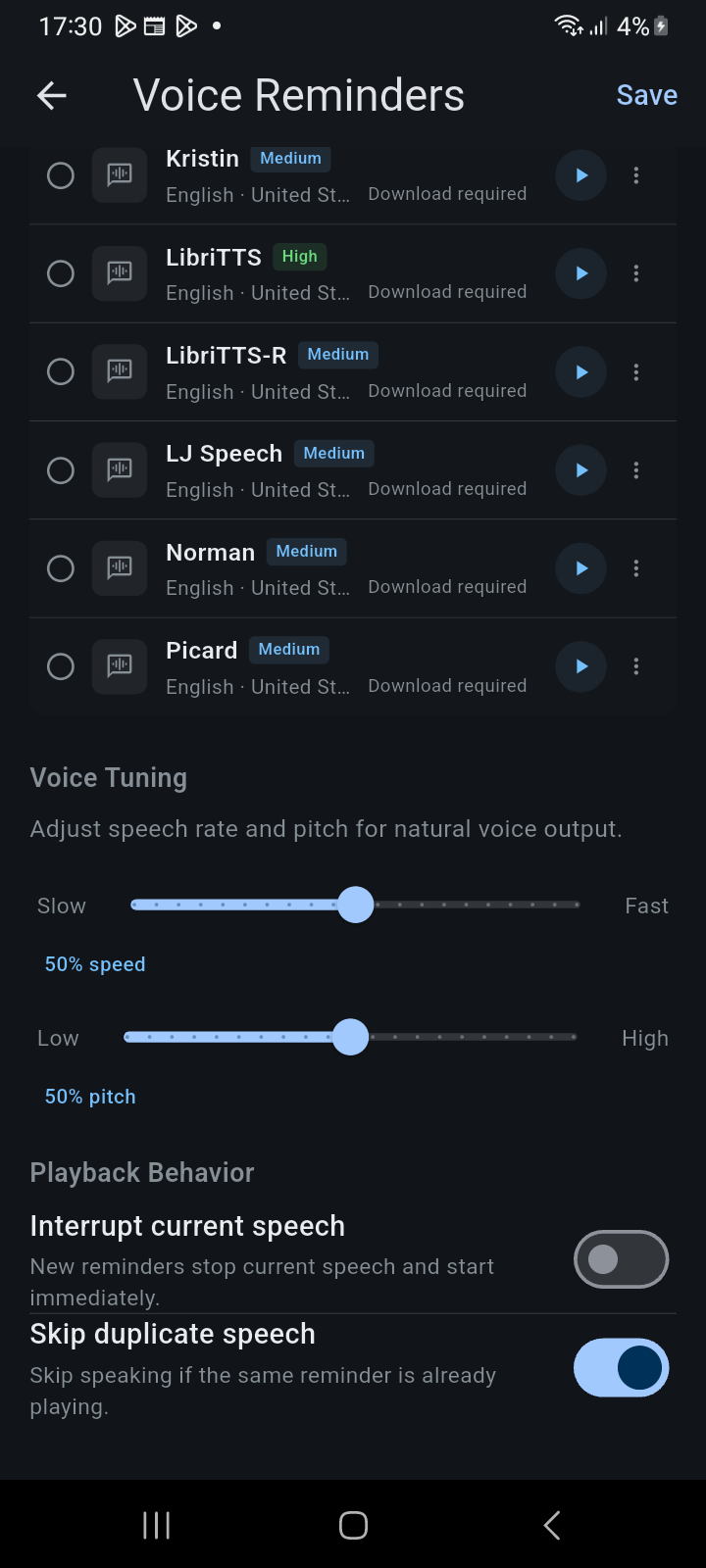 Playback Behavior settings showing interrupt current speech and skip duplicate speech toggles