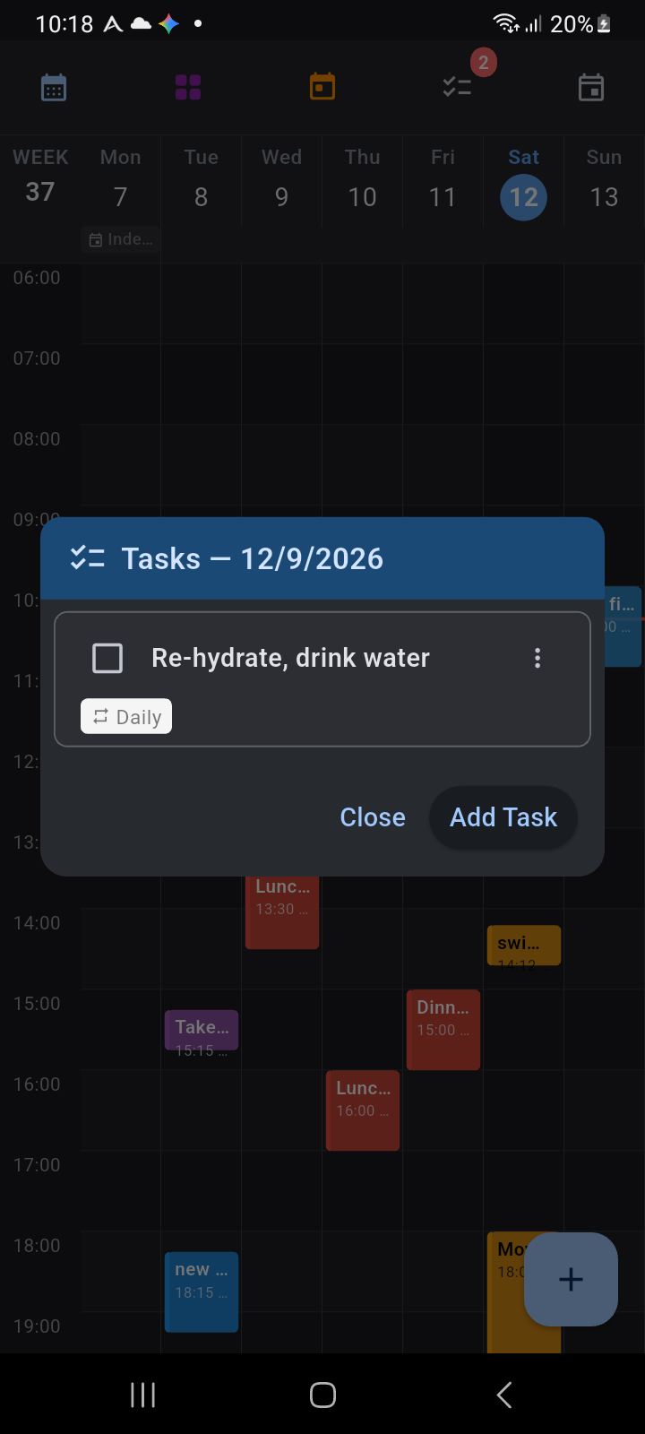 Tasks dialog opened from the Week View checklist button