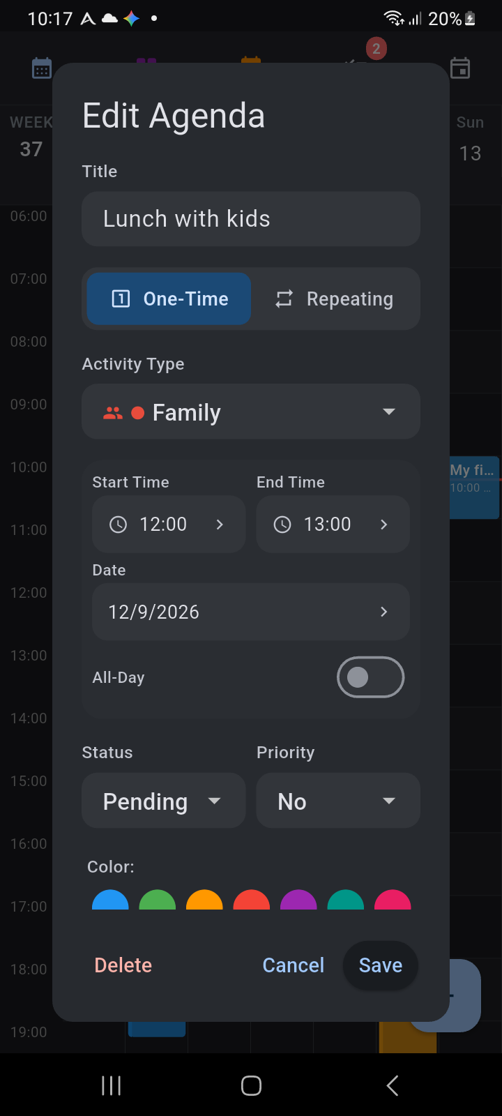 Edit Agenda dialog opened from Week View