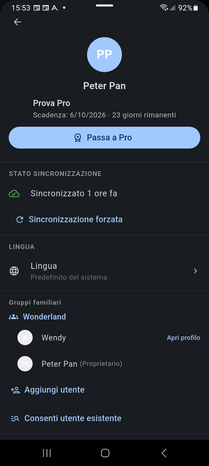 Panoramica del Pannello Account che mostra il profilo principale, il livello di abbonamento, lo stato di sincronizzazione e l'elenco dei Gruppi Familiari