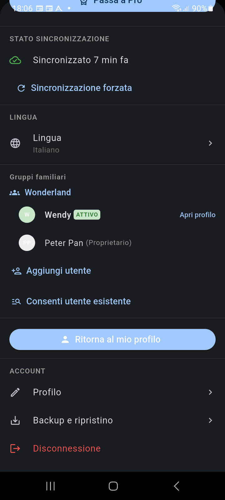Pannello Account che mostra il pulsante di azione Torna al Mio Profilo per il ripristino con un solo tocco