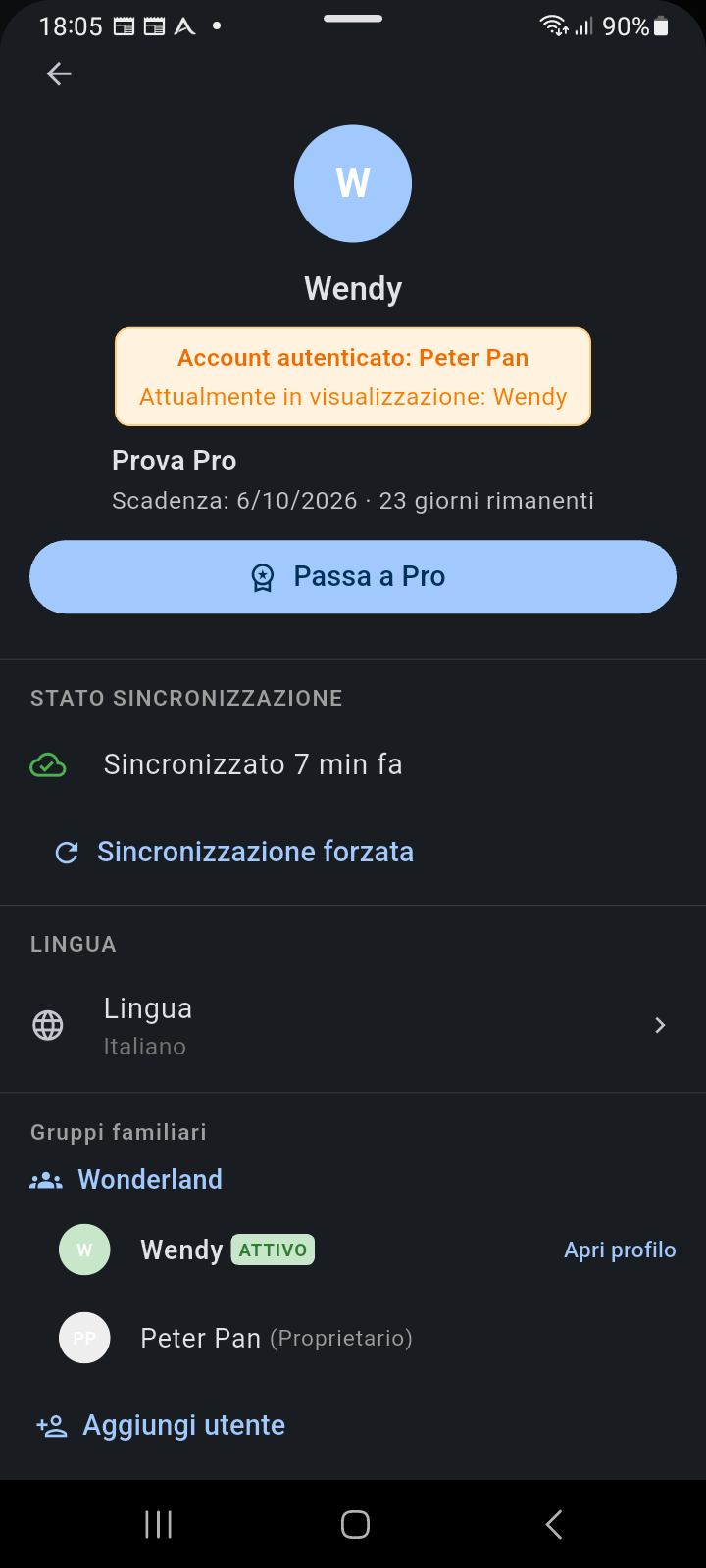 Pannello Account in modalità visualizzazione membro che evidenzia il banner Account Autenticato vs Visualizzazione Corrente e il contrassegno di membro ATTIVO