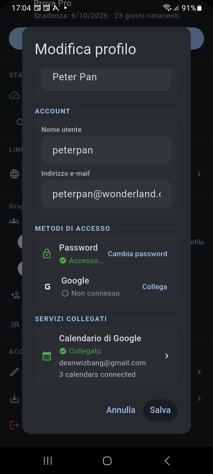 Finestra di dialogo Modifica profilo scorsa verso il basso che mostra lo stato di connessione dell'identità Google e il riquadro Servizi connessi