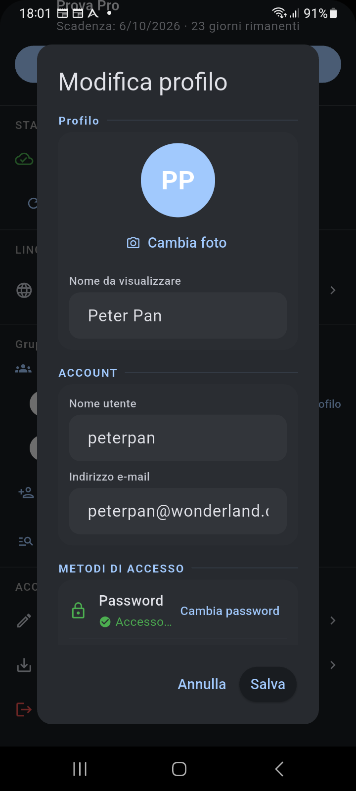 Finestra di dialogo Modifica profilo che mostra l'avatar dell'utente, l'azione Cambia foto, Nome visualizzato, Nome utente, Indirizzo email e Metodi di accesso