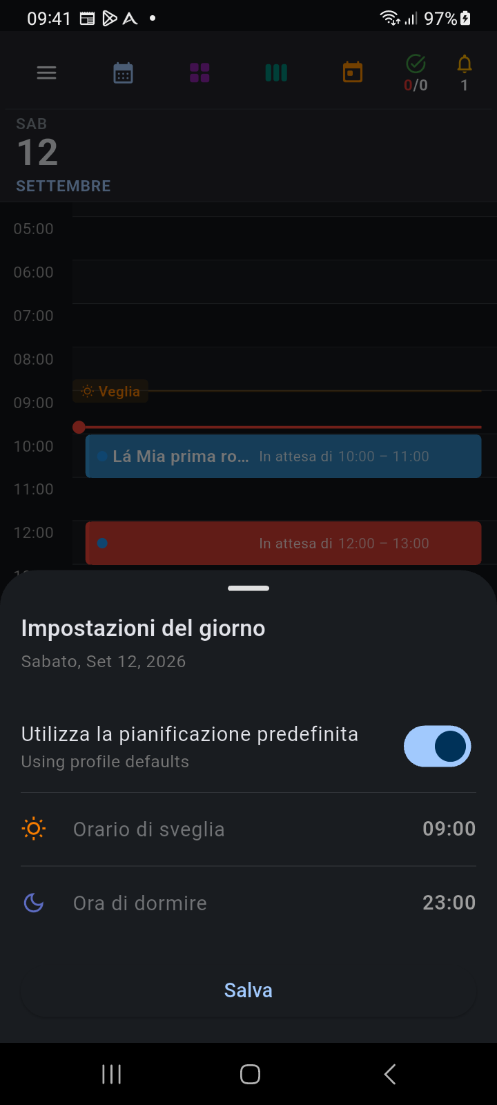 Riquadro inferiore Impostazioni Giornata con controlli personalizzati per l'orario di sveglia e sonno