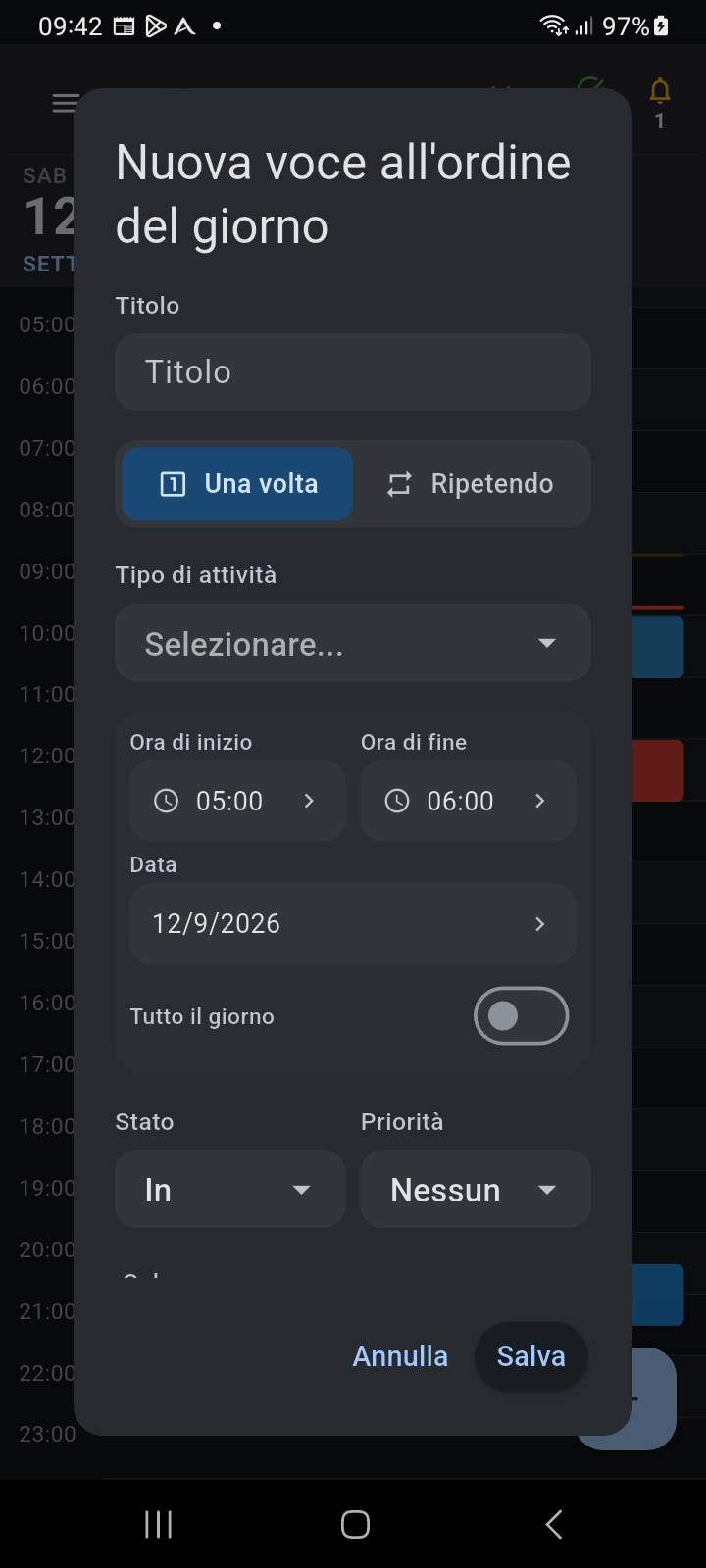 Finestra di dialogo Nuova Voce Agenda aperta dalla timeline