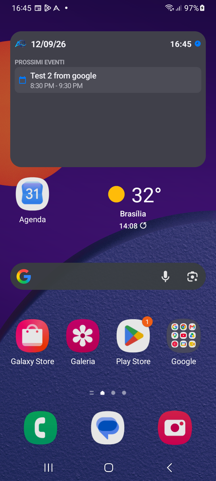 Schermata Home di Android che mostra il widget interattivo orologio e agenda 4x2 di Ancora