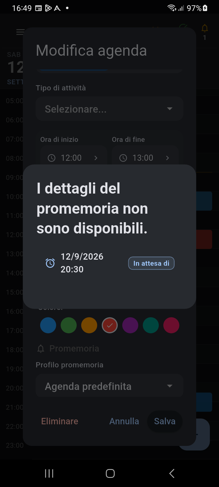 Finestra di dialogo dell'azione del promemoria aperta direttamente dal widget