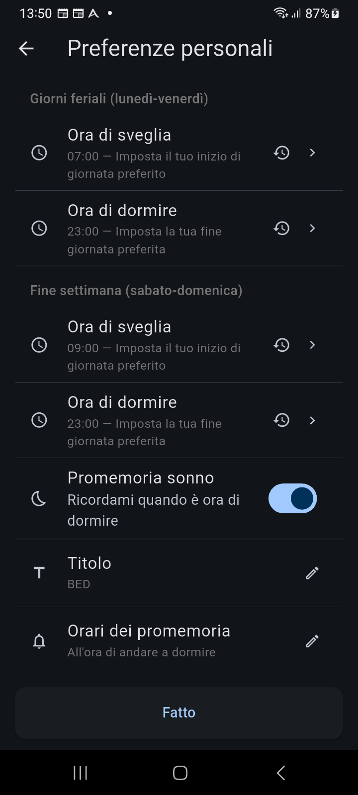 Preferenze Personali — Orari circadiani di sveglia, sonno e promemoria