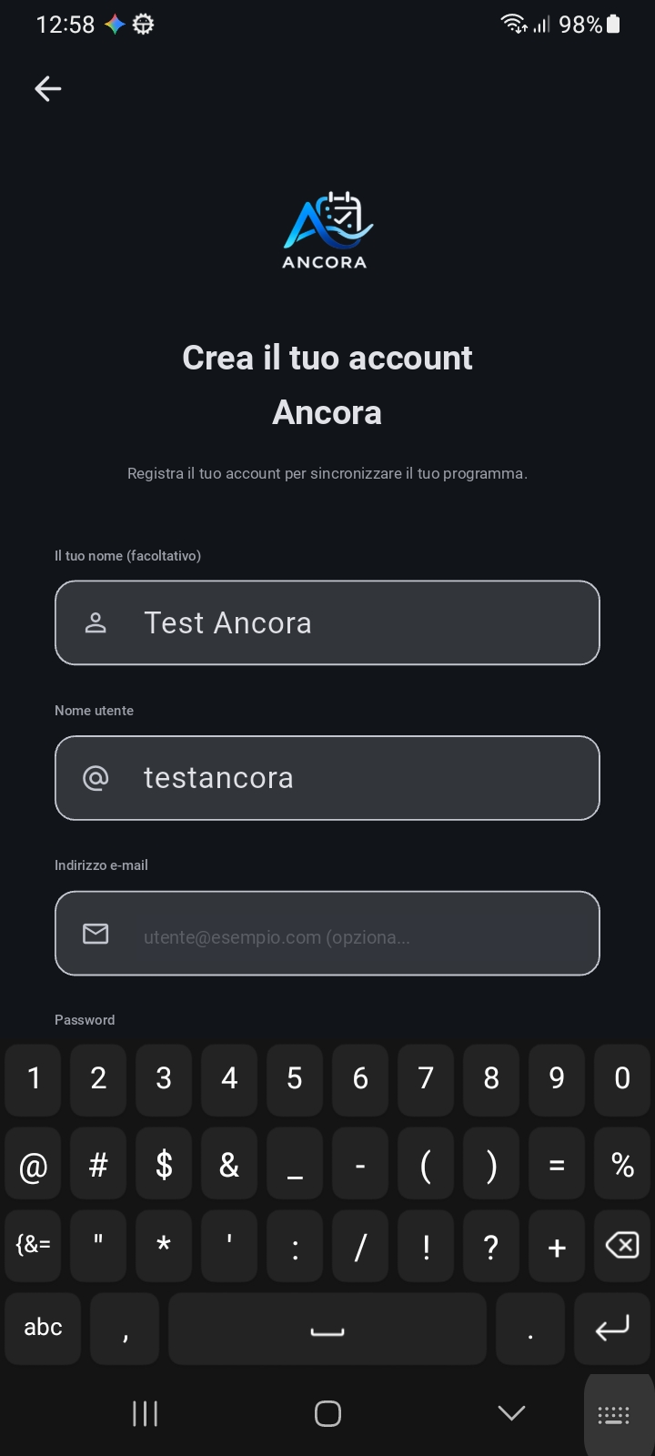 Schermata di Registrazione — Creazione di un Account Ancora