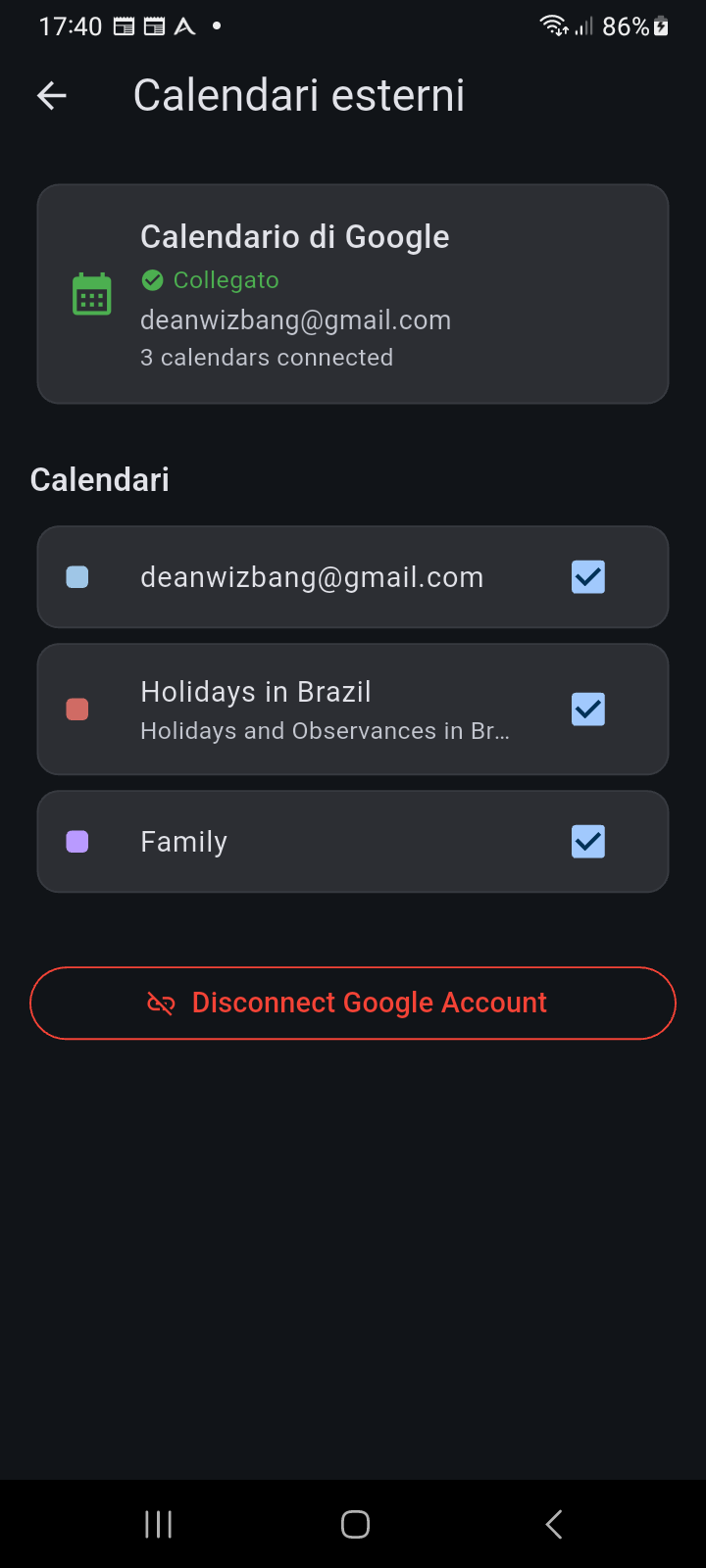 Gestione Calendari Esterni con stato di connessione Google, elenco calendari rilevati e azione Disconnetti