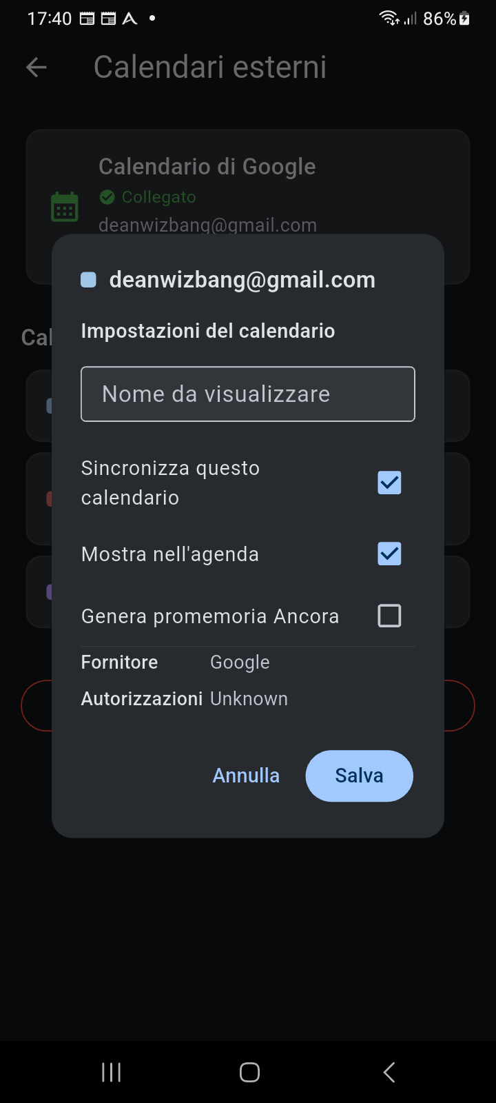 Finestra Impostazioni Calendario che mostra le opzioni di sincronizzazione, visibilità nel planner e generazione dei promemoria