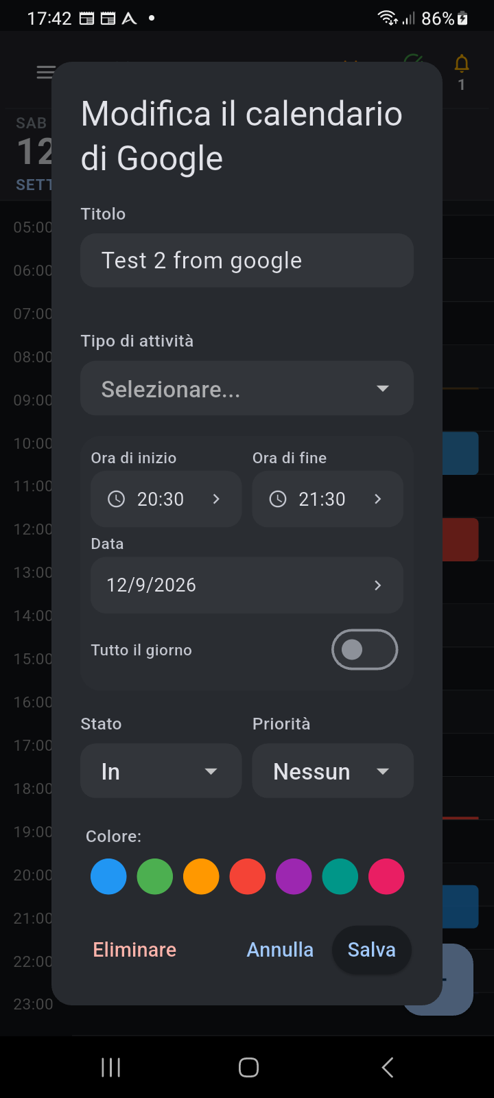 Finestra modale Modifica Google Calendar con campi sincronizzati con Google e impostazioni di categoria/promemoria specifiche di Ancora