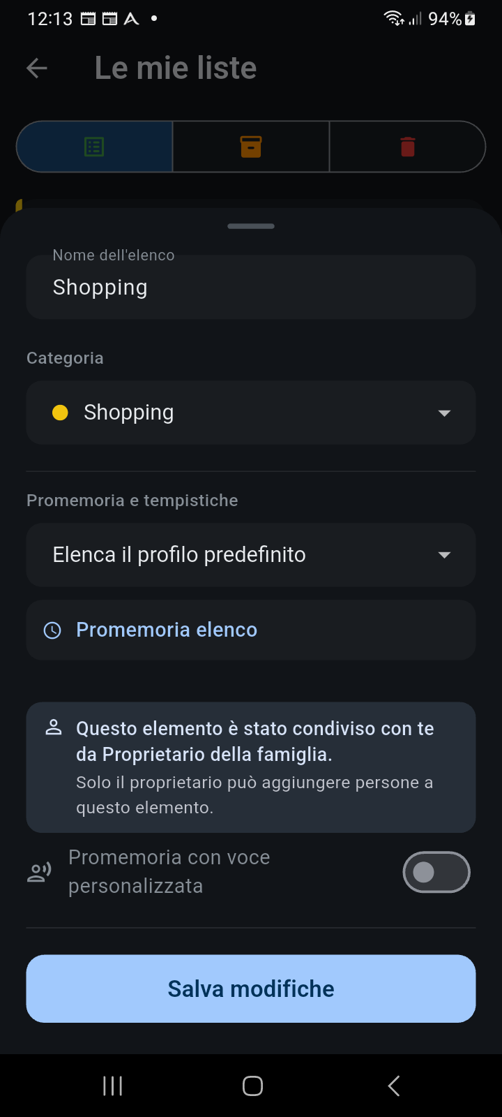 Schermata Configura Lista di Ancora che mostra l'avviso informativo sulla condivisione per i collaboratori invitati